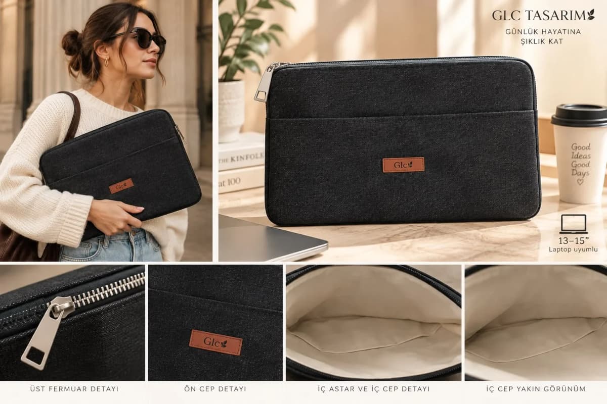 GLC Moda Koyu Yeşil Fermuar Detaylı 13 inç iPad & Laptop Çantası - Görsel 3