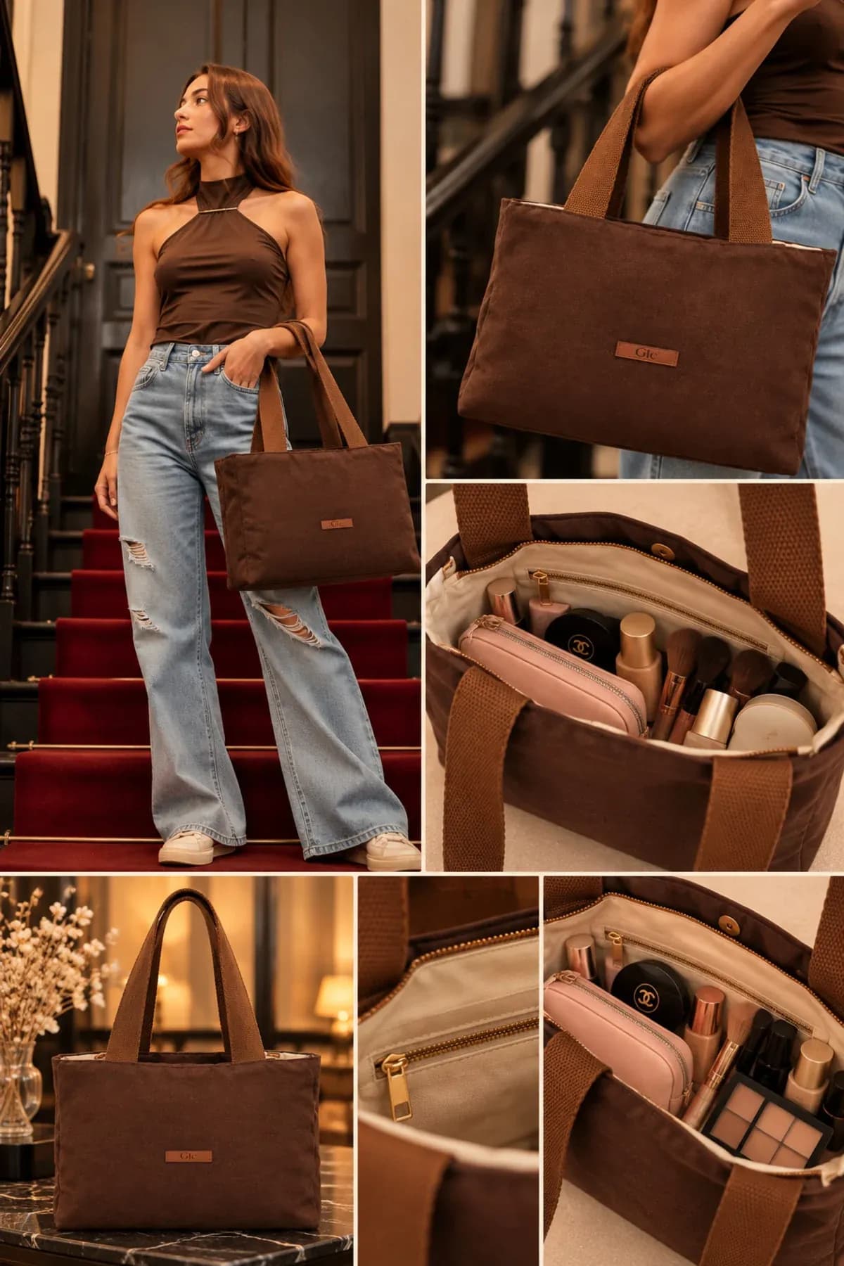 Doğal Dokuma Kahverengi Kumaş Tote Bag Omuz Çantası