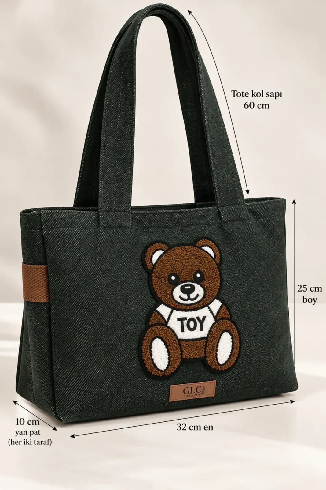 Punch Nakışlı Ayıcık Figürlü Koyu Yeşil Kumaş Tote Bag - Görsel 2