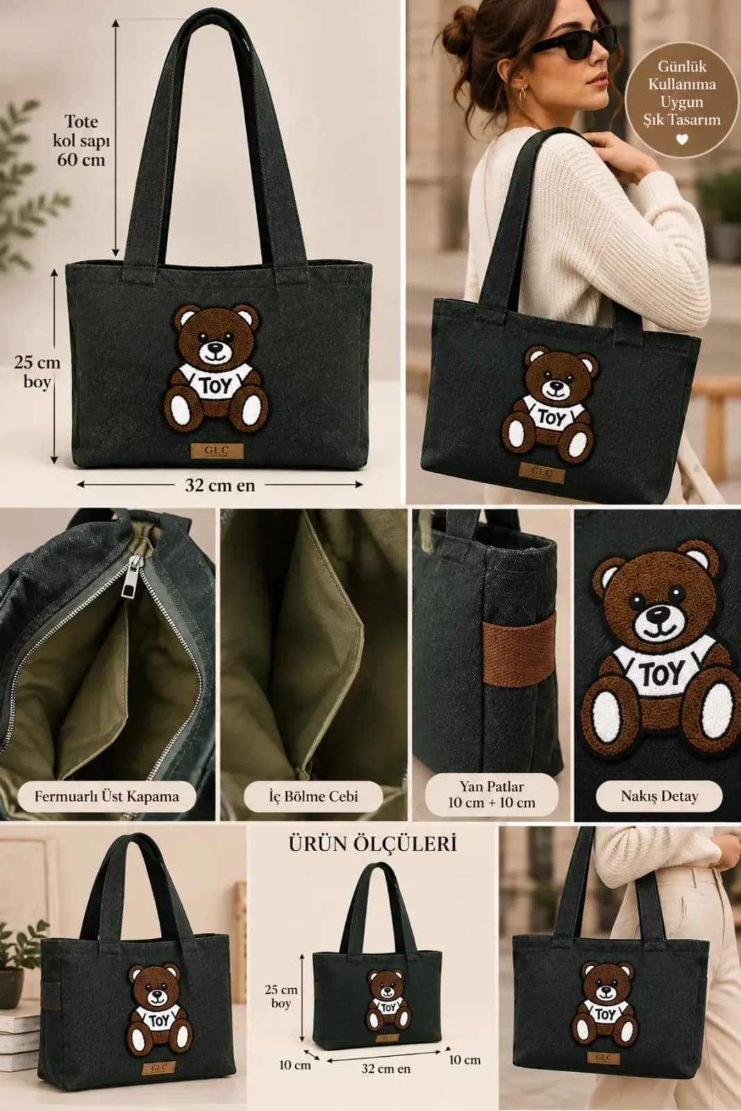 Punch Nakışlı Ayıcık Figürlü Koyu Yeşil Kumaş Tote Bag - Görsel 3