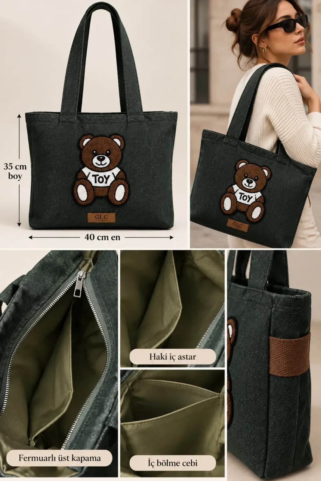 Punch Nakışlı Ayıcık Figürlü Koyu Yeşil Kumaş Tote Bag - Görsel 4