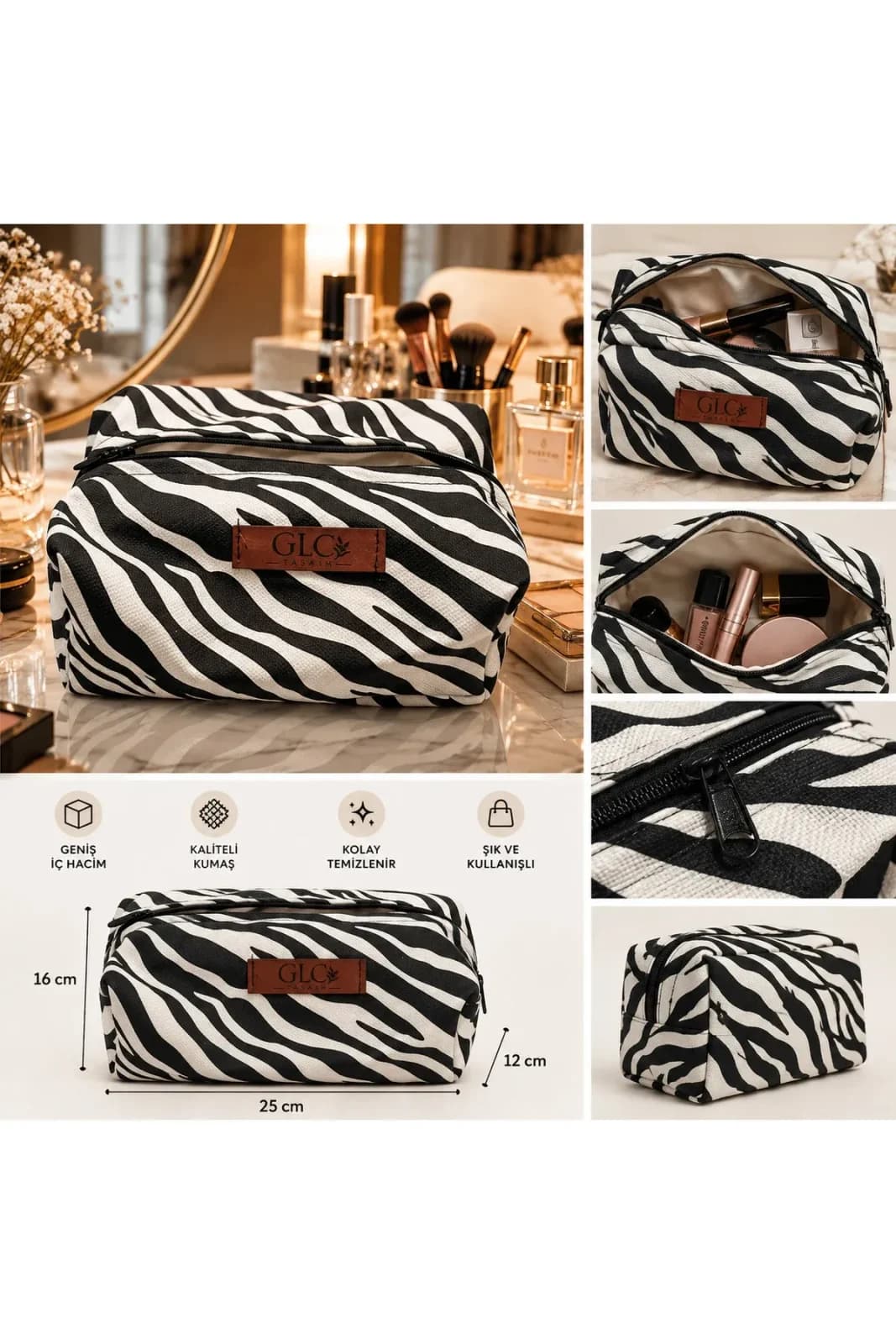 Zebra Desenli Fermuarlı Makyaj ve El Çantası - Görsel 4