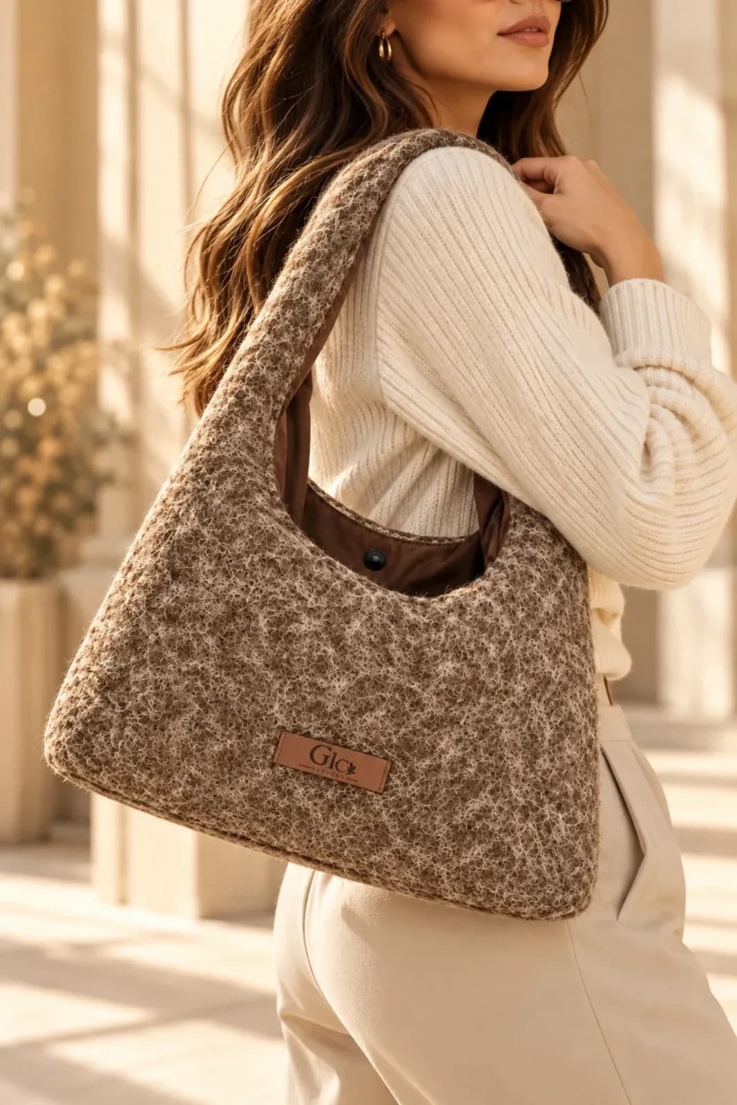 Cozy Teddy Kahverengi Peluş Dokulu Hobo Omuz Çantası - Görsel 2