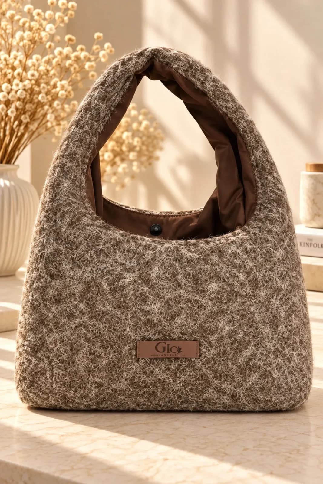 Cozy Teddy Kahverengi Peluş Dokulu Hobo Omuz Çantası - Görsel 3