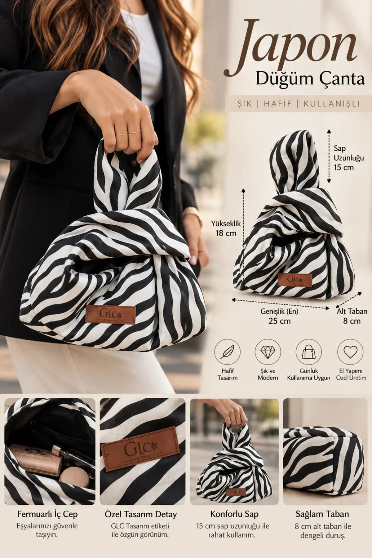 El Yapımı Zebra Desenli Japon Düğüm El Çantası