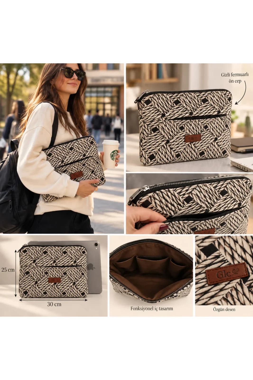 GLC Moda Desenli Fermuarlı iPad ve Tablet Çantası