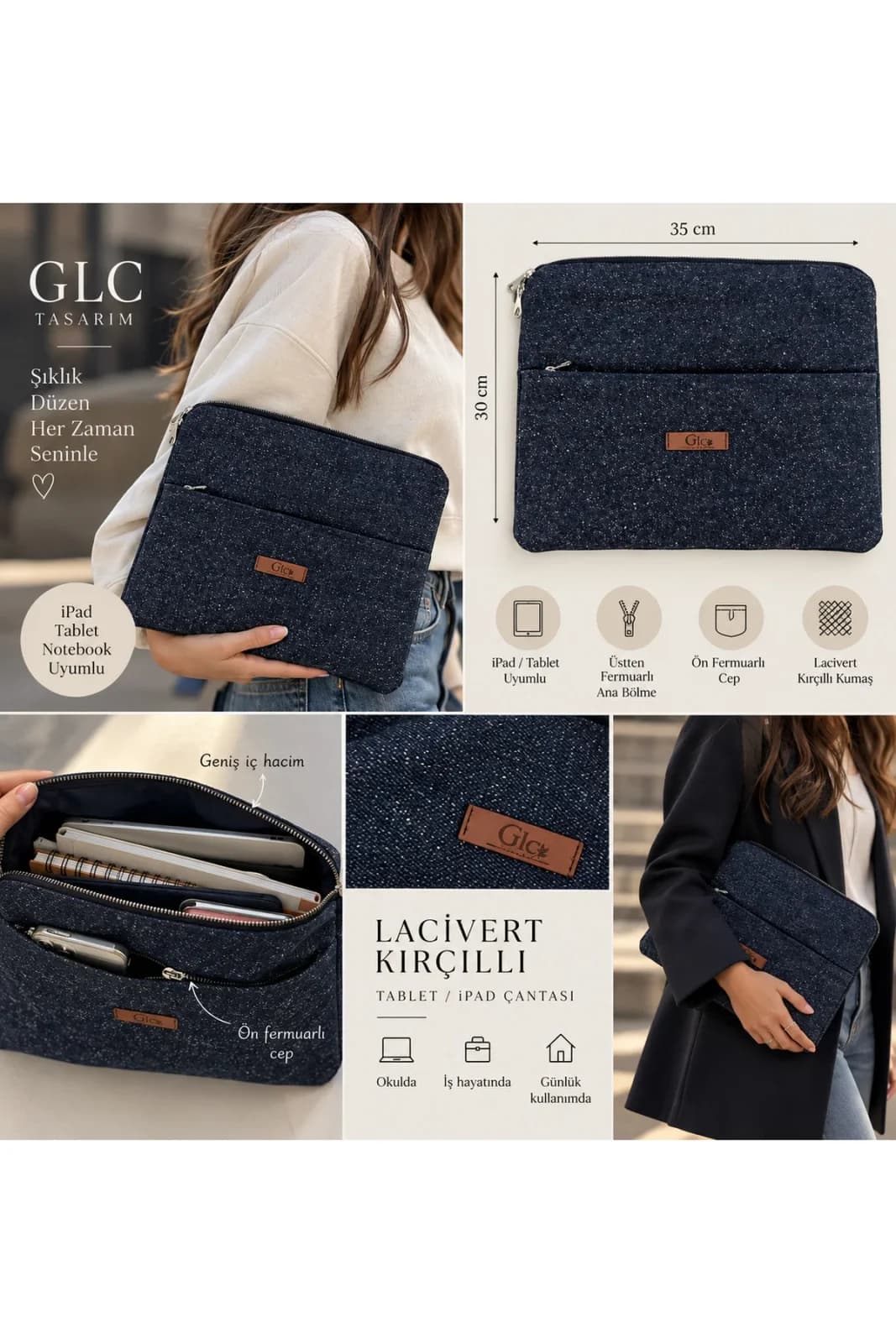 GLC Moda Tasarım Lacivert Kırçıllı Tablet ve iPad Çantası 13 İnc – 35 × 30 cm
