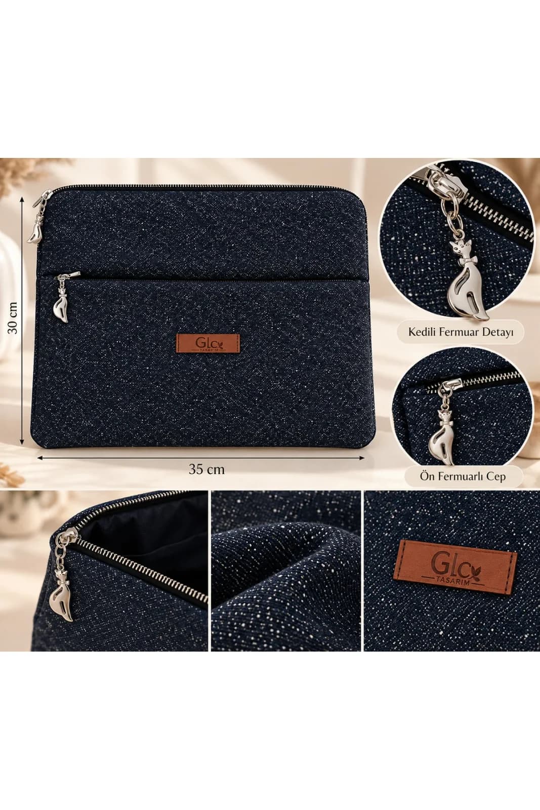 GLC Moda Tasarım Lacivert Kırçıllı Tablet ve iPad Çantası 13 İnc – 35 × 30 cm - Görsel 2