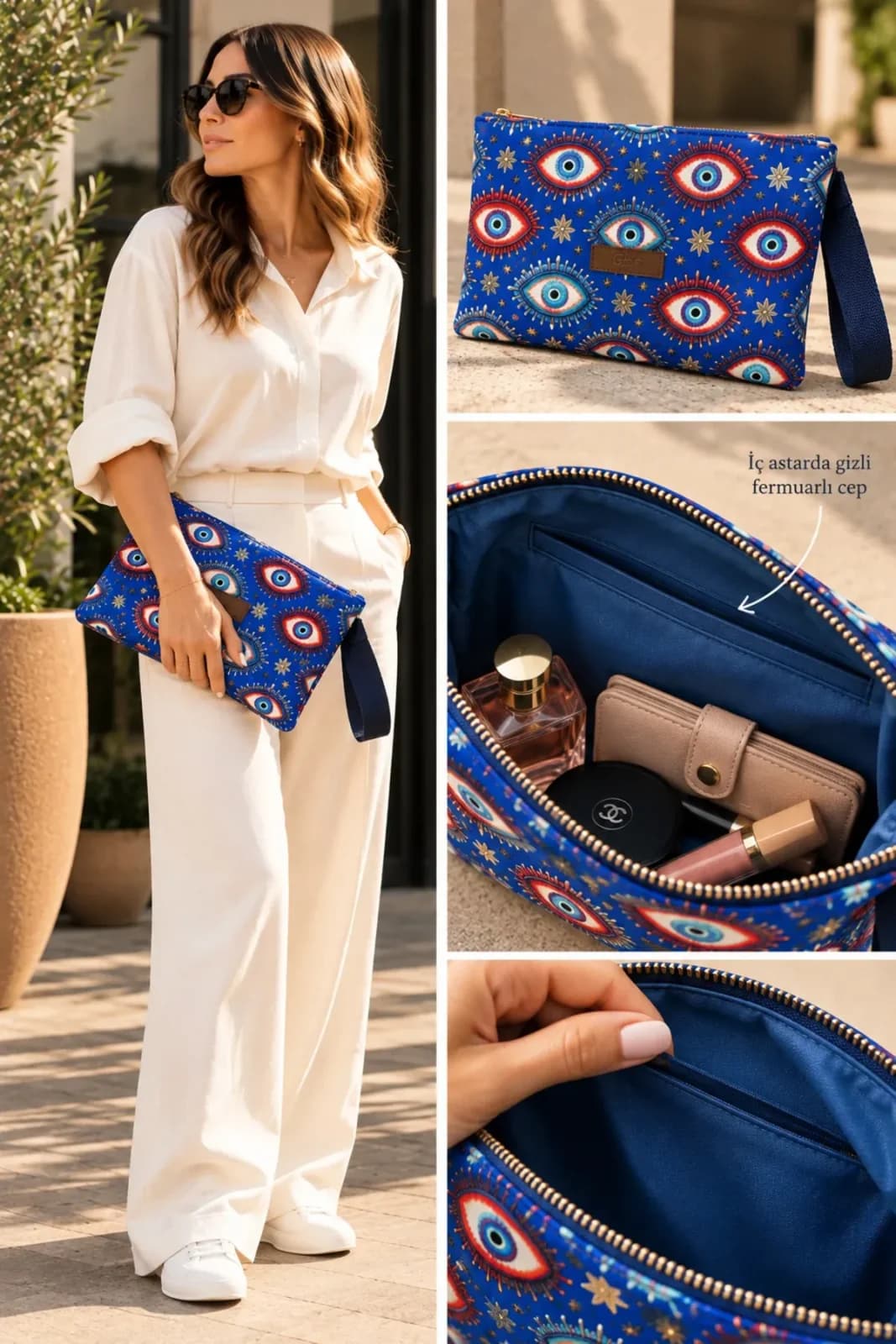 El Yapımı Nazar Boncuğu Dokuma Portföy ve Clutch Çanta - Görsel 3