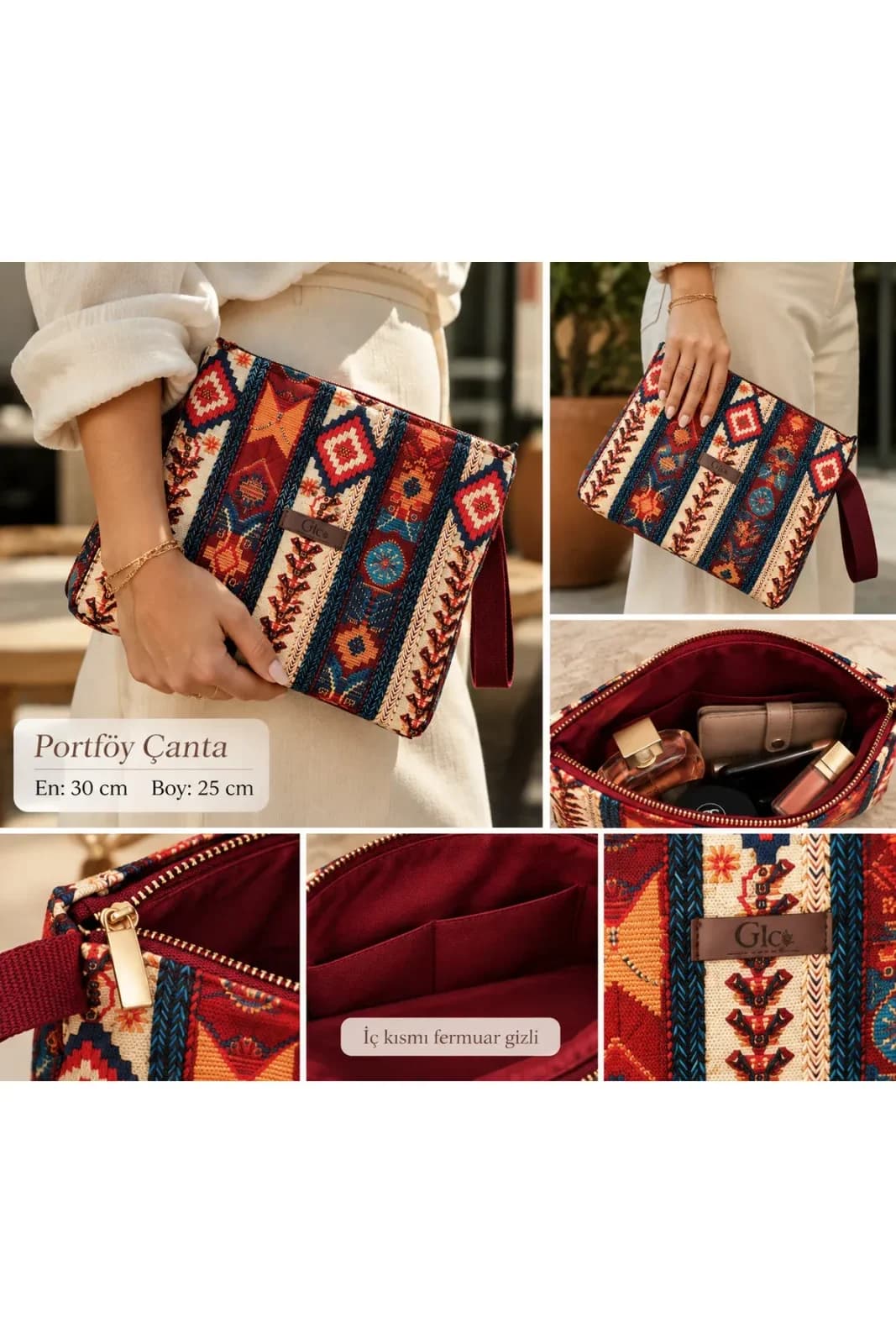 Geleneksel Kilim Dokuma Desenli Bordo Portföy ve Clutch Çanta - Görsel 3