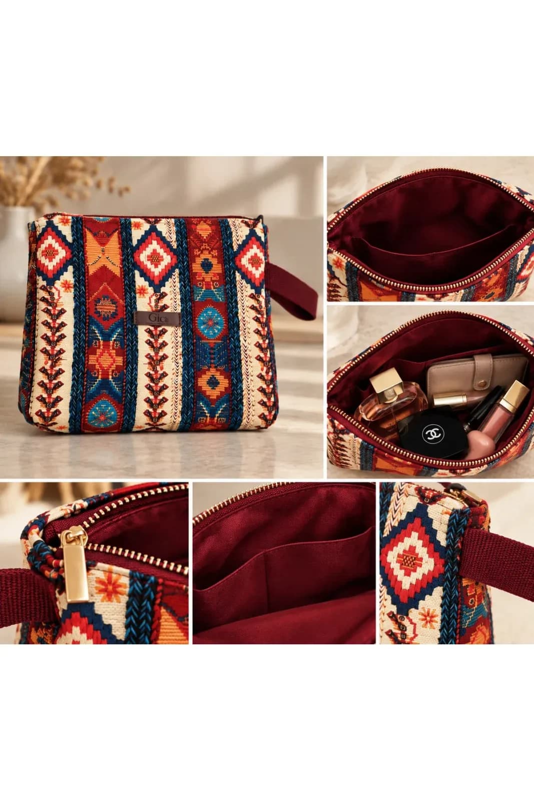 Geleneksel Kilim Dokuma Desenli Bordo Portföy ve Clutch Çanta - Görsel 4