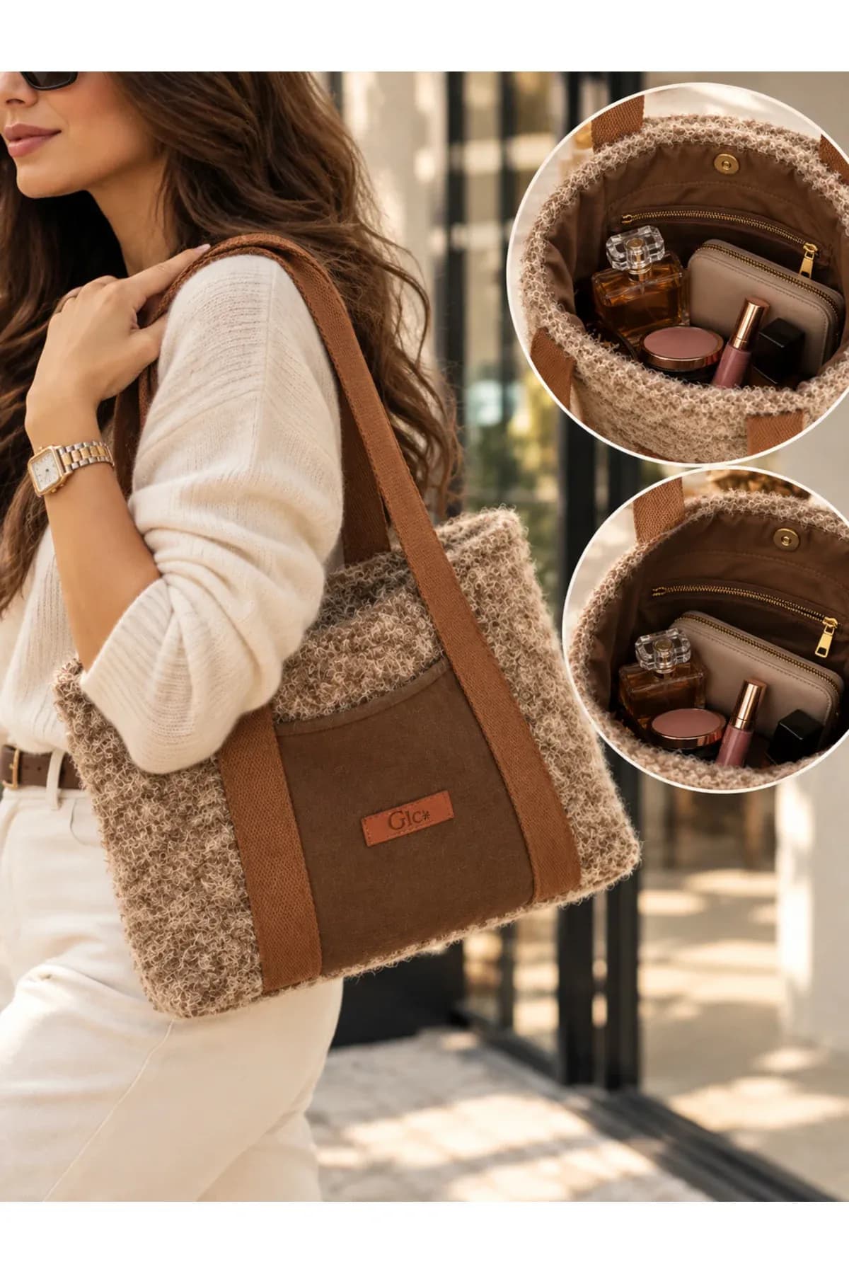 Doğal Bej Örgü Dokulu Tote Bag: Bohem Estetik ve Rahat Kullanım