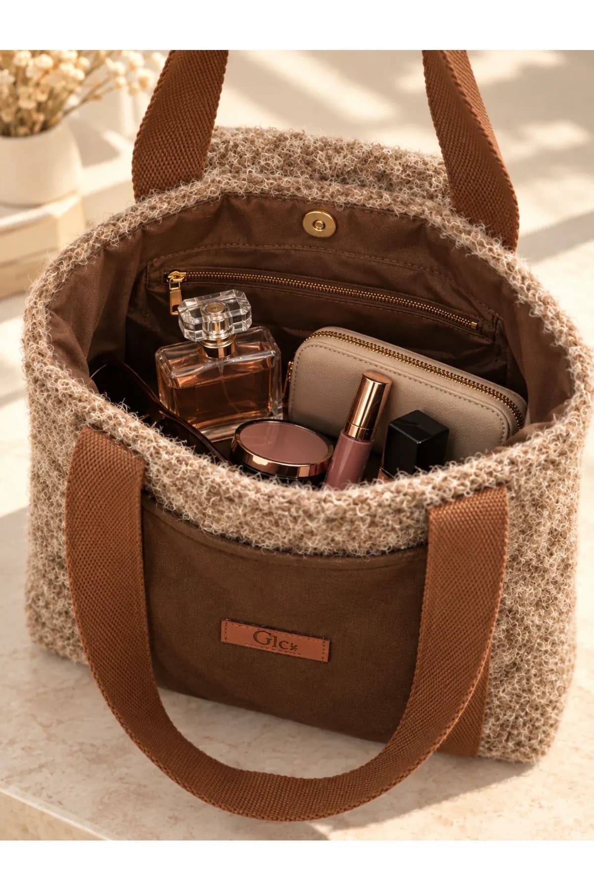 Doğal Krem & Bej Örgü Dokulu Kumaş Tote Bag Omuz Çantası - Görsel 2