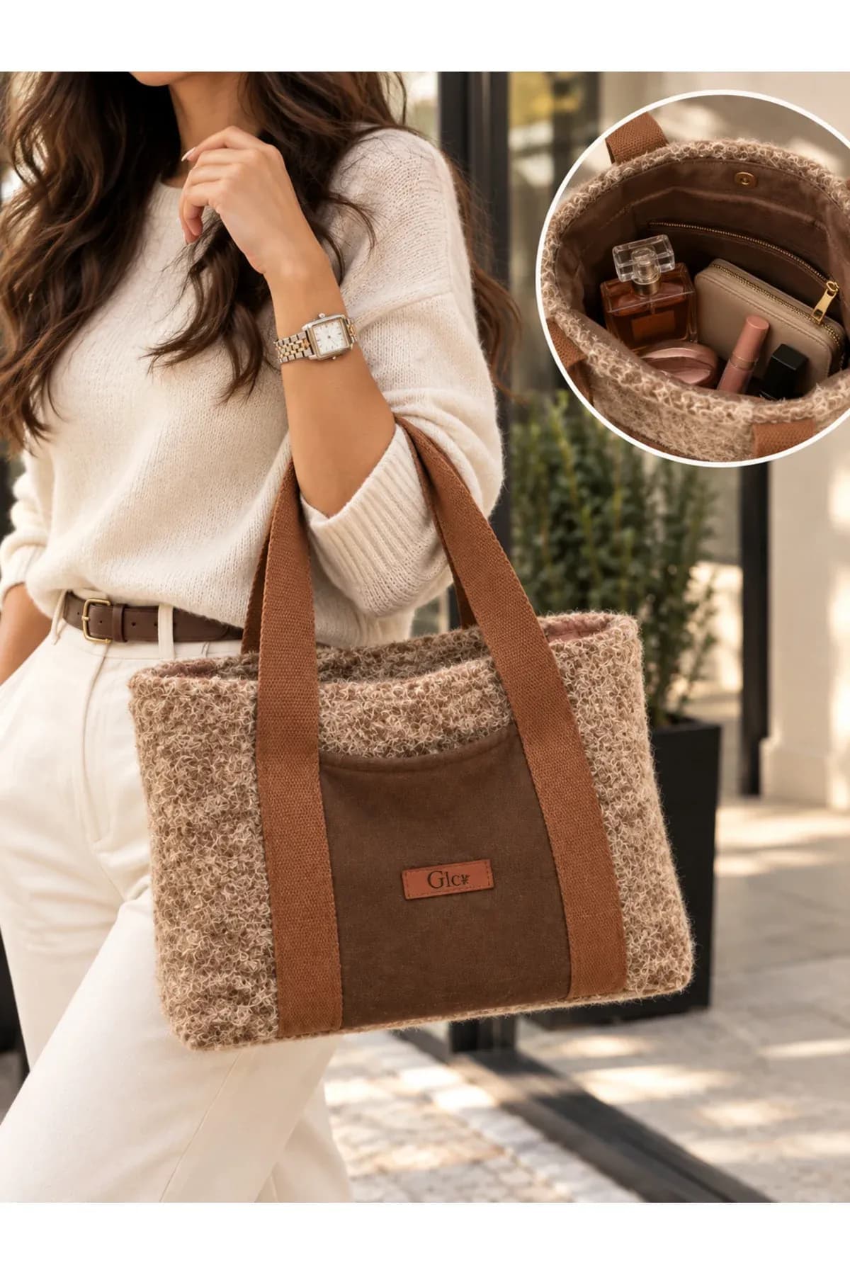 Doğal Krem & Bej Örgü Dokulu Kumaş Tote Bag Omuz Çantası - Görsel 3