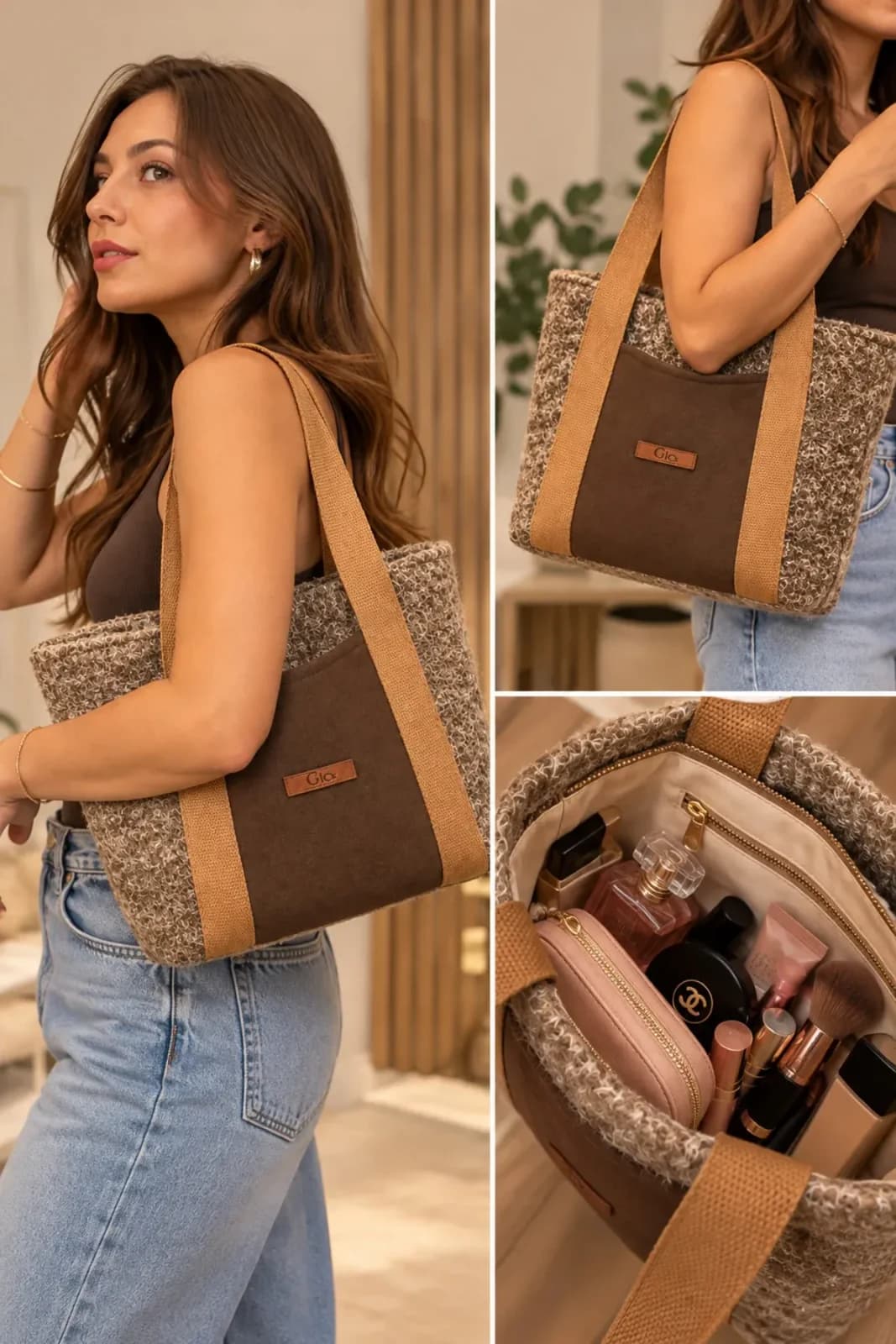 Özel Dokuma Krem Rengi Kumaş Tote Bag Omuz Çantası - Görsel 4