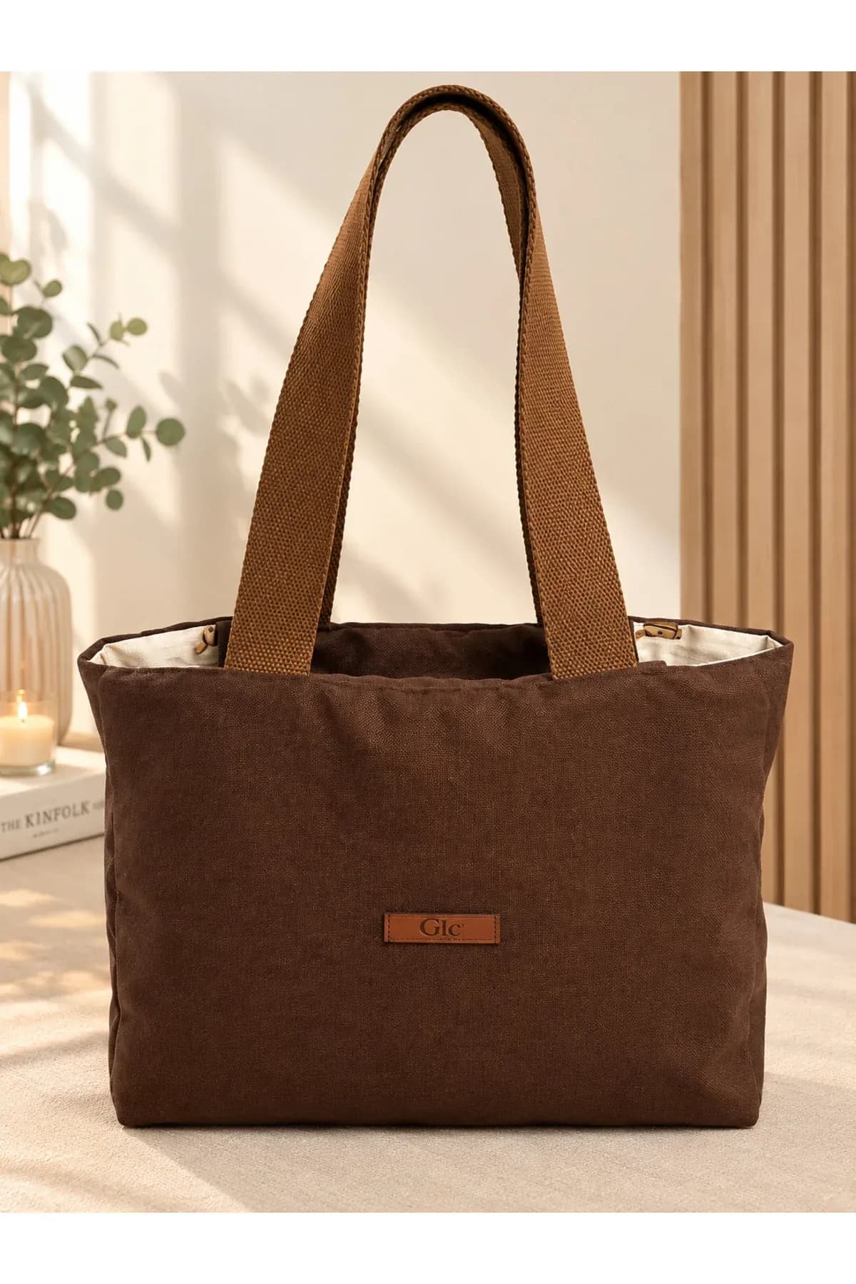 Doğal Dokuma Kahverengi Kumaş Tote Bag Omuz Çantası - Görsel 3
