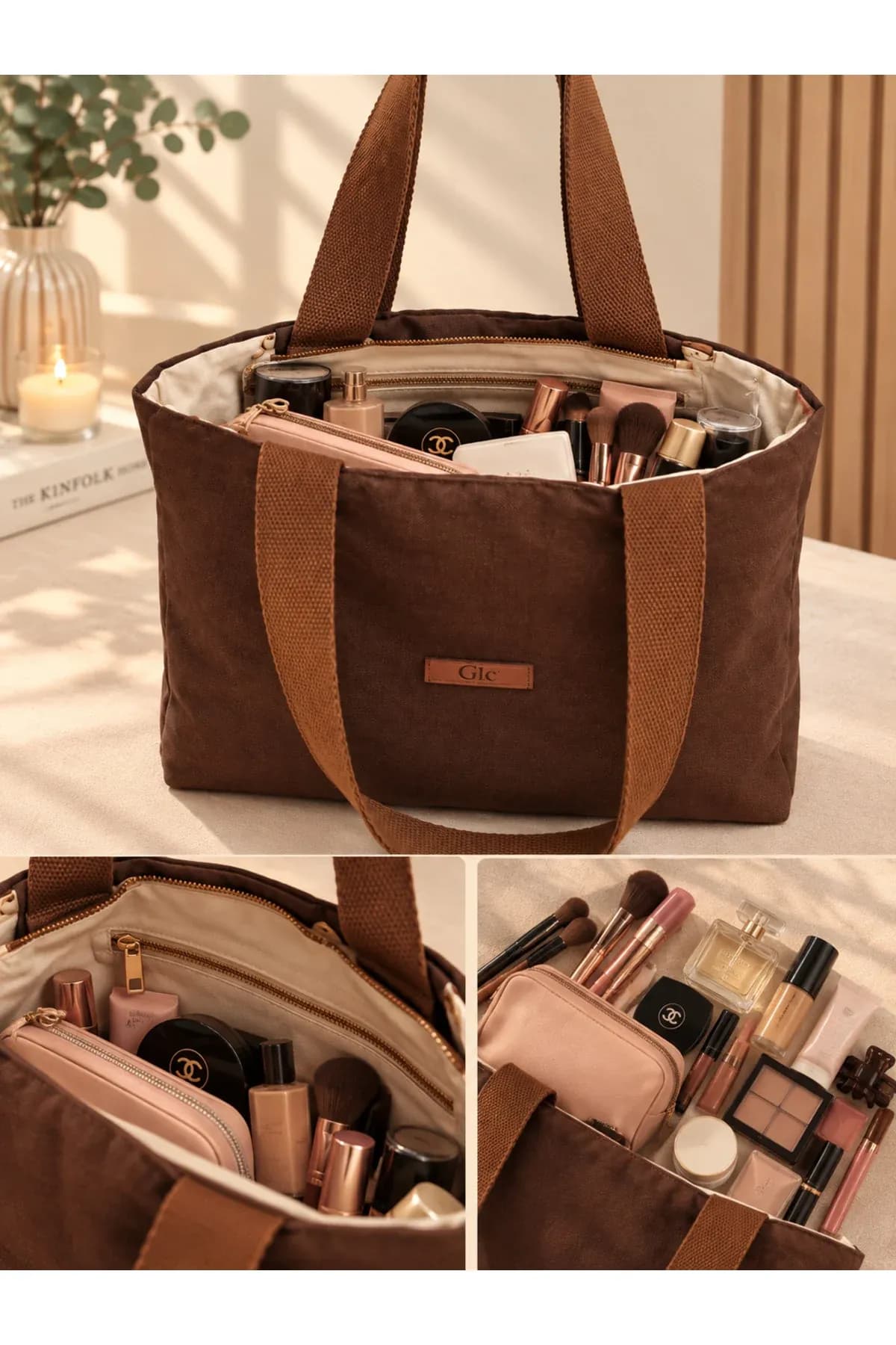 Doğal Dokuma Kahverengi Kumaş Tote Bag Omuz Çantası - Görsel 4