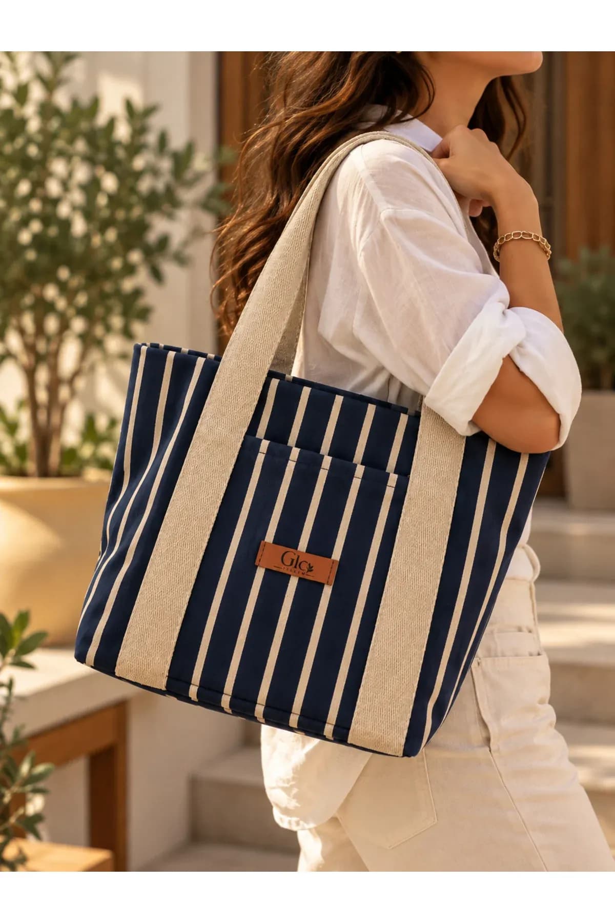 Denizci Çizgili Lacivert Keten Tote Bag: Riviera Tarzı ve Tatil Ruhu
