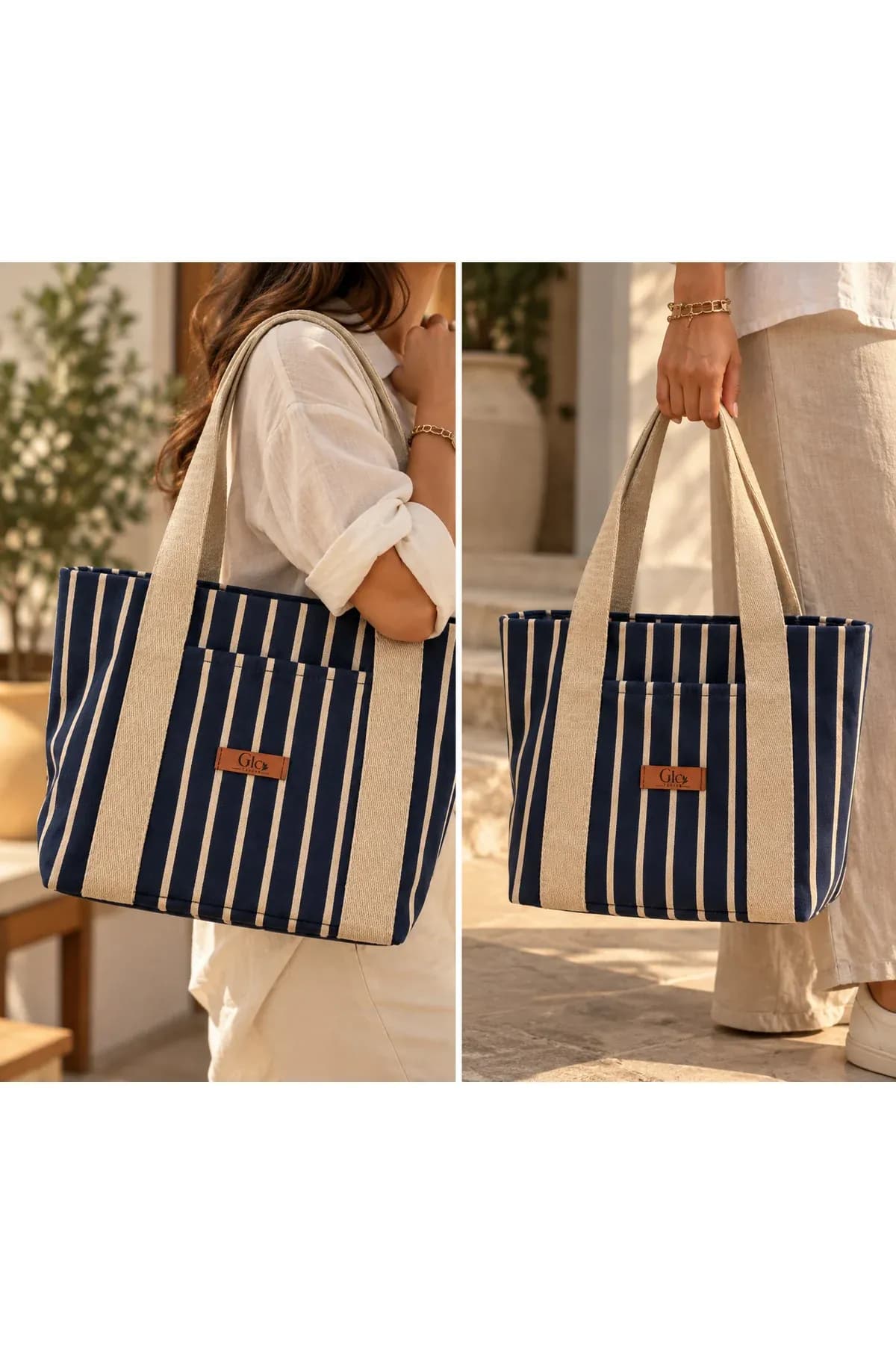 Denizci Çizgili Lacivert ve Krem Kumaş Tote Bag - Görsel 2