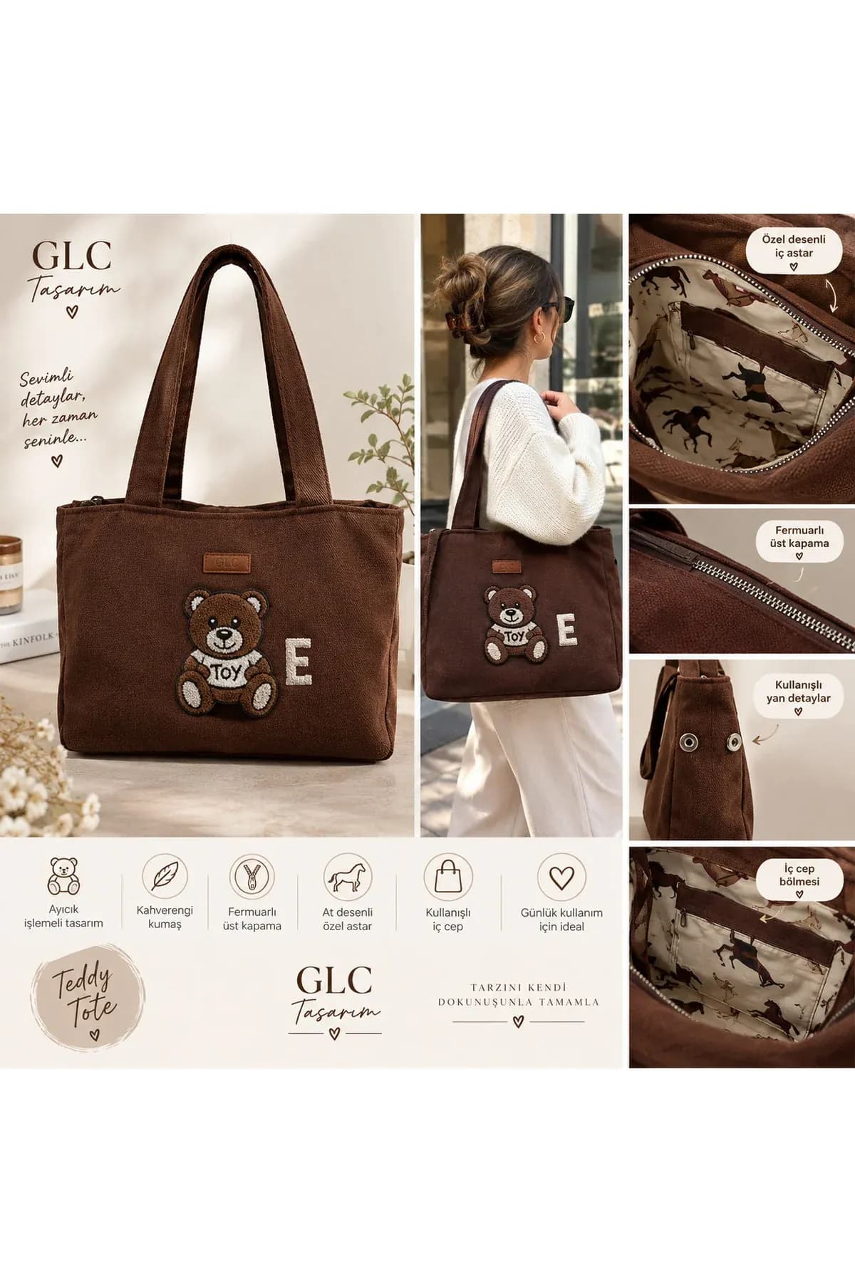 Teddy Bear Nakışlı Acı Kahve Dokuma Kumaş Tote Bag - Görsel 2