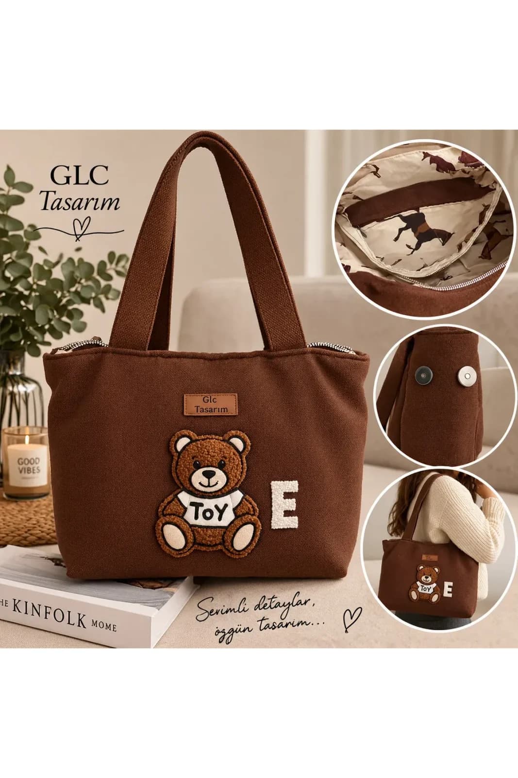Teddy Bear Nakışlı Acı Kahve Dokuma Kumaş Tote Bag - Görsel 3