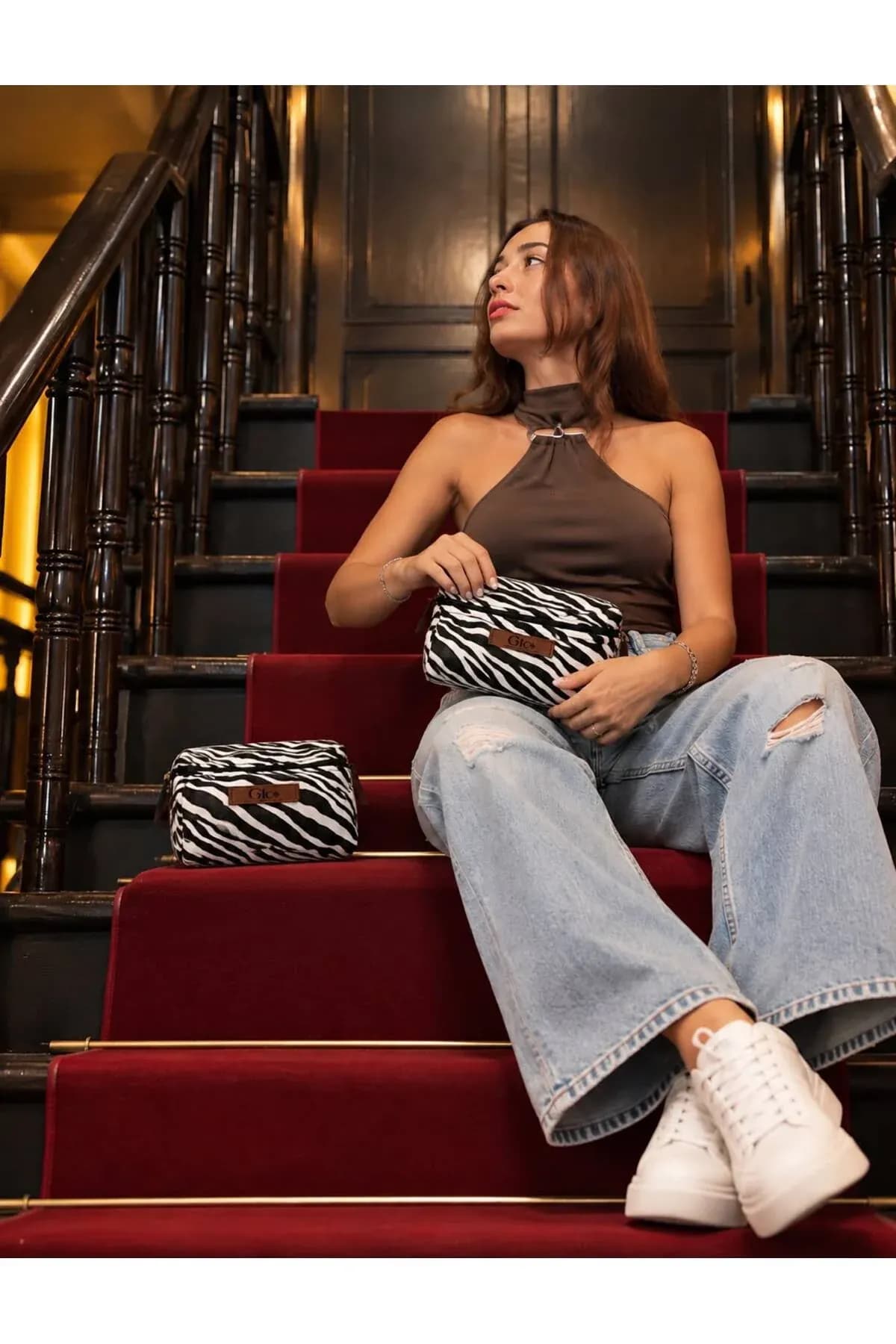 Zebra dokuma kumaş Fermuarlı El ve Makyaj Çantası: Küçük Boyutta Büyük Stil